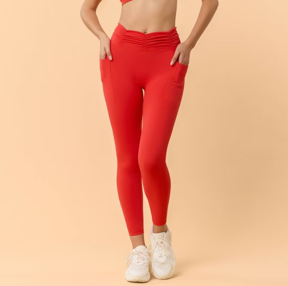 Blogilates Women's Ruched Waist Leggings Red High Rise Side Pockets Yoga S